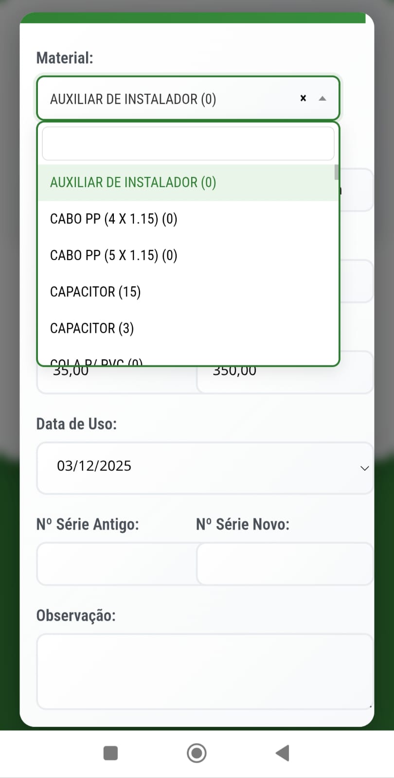 Apontamento de materiais na OS
