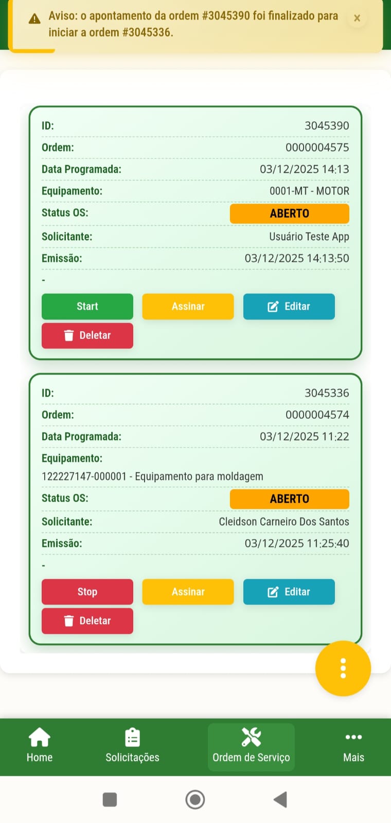Aviso: apontamento anterior finalizado para novo início